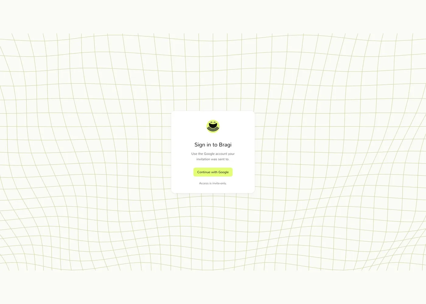 Bragi’s invitation-only Google sign-in sits on a pale curved grid with a lime mascot.