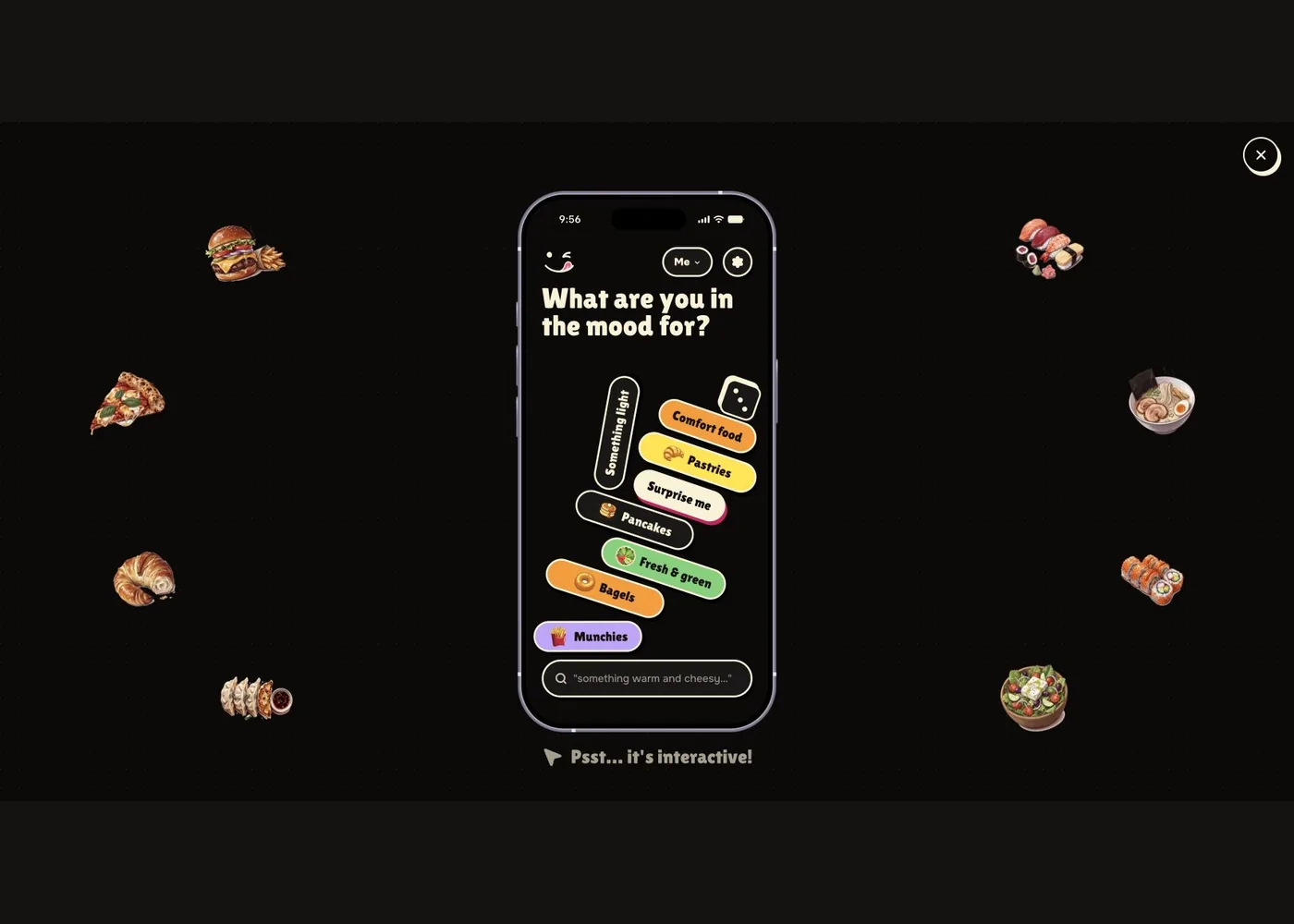 Feed Me presents colourful craving choices inside an interactive phone surrounded by illustrated dishes.