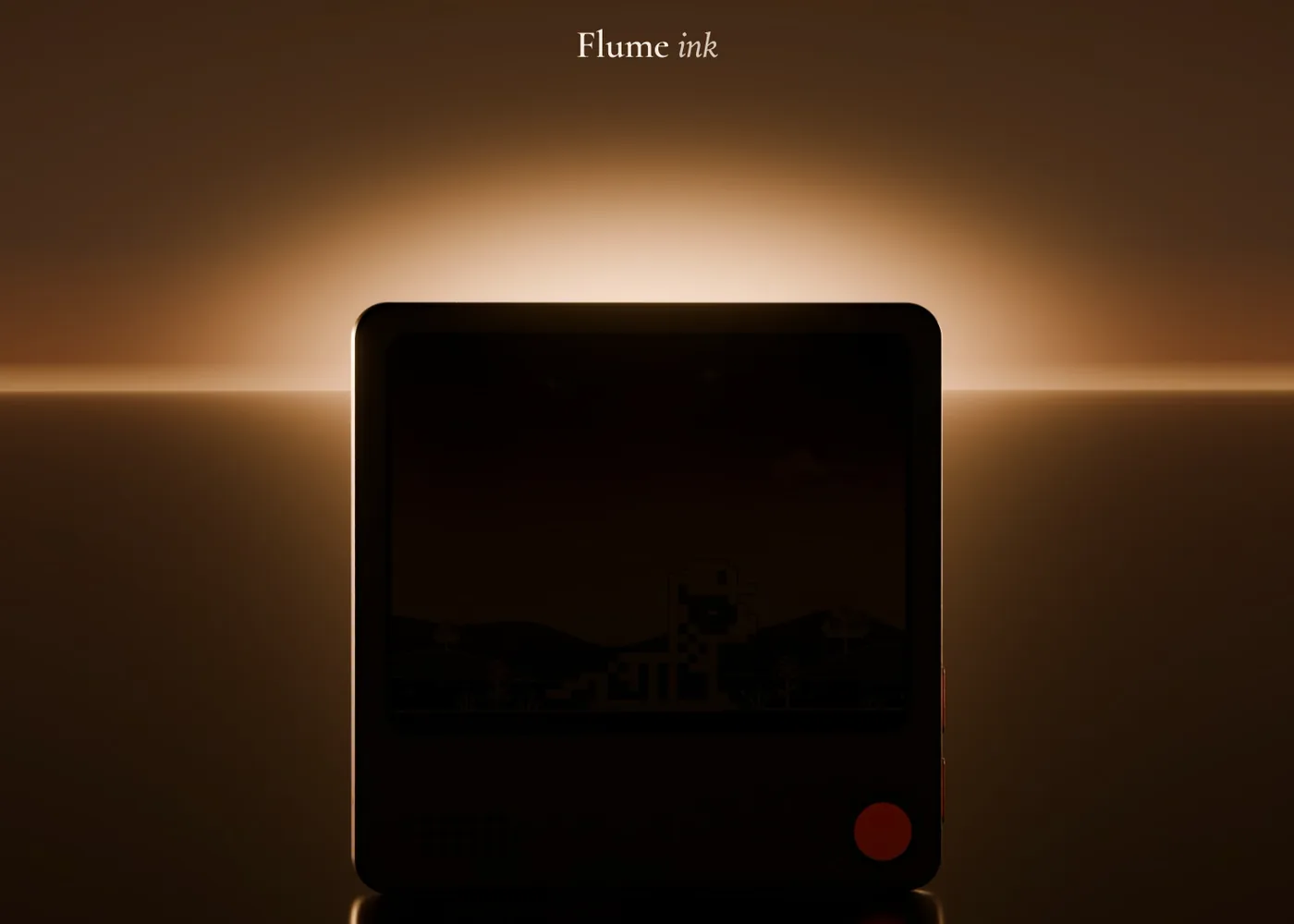 A small square device silhouetted in the dark, with warm light rising behind its top edge like a sunrise.