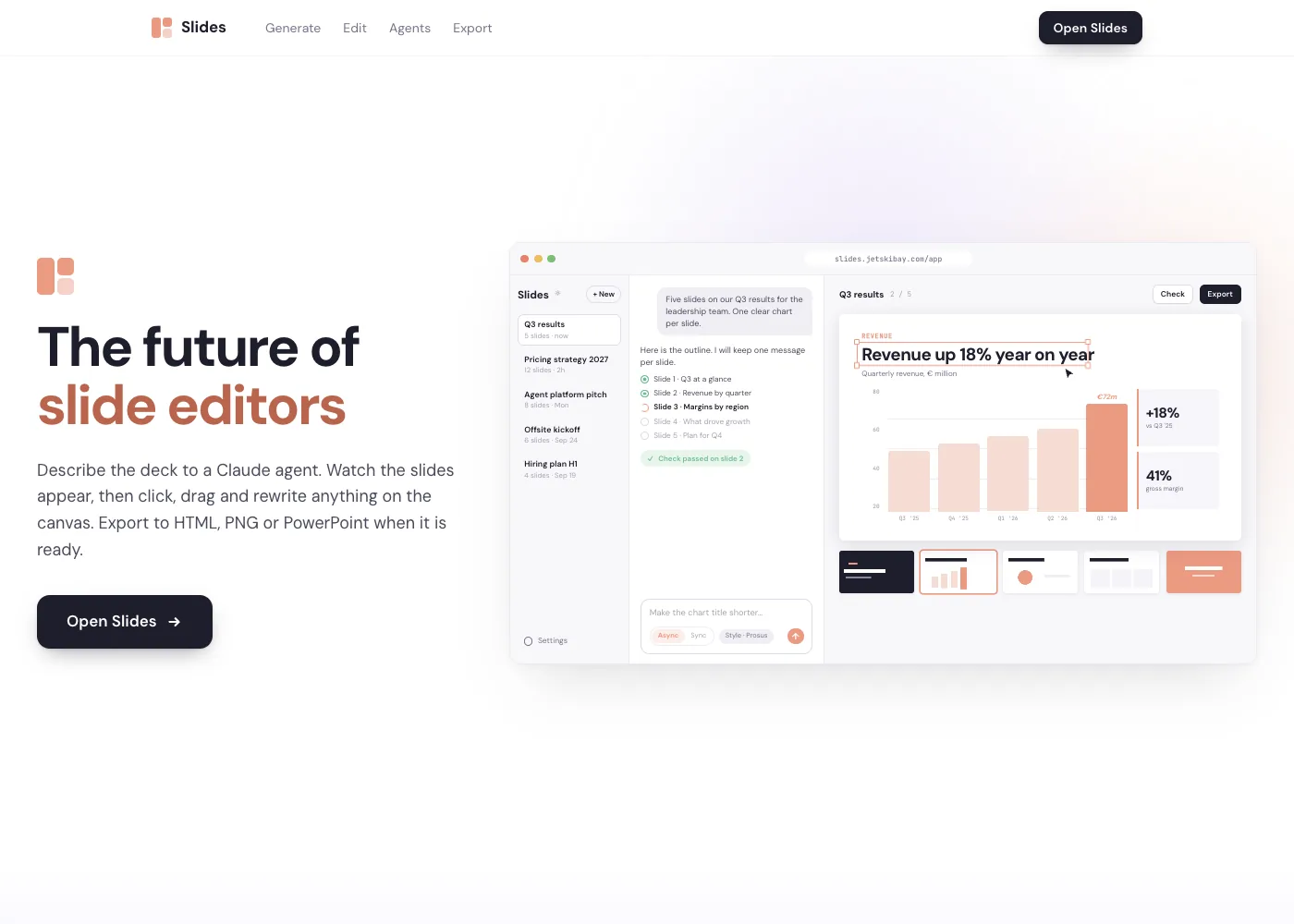 The headline “The future of slide editors” sits beside a presentation workspace with an agent conversation, slide thumbnails and a revenue chart.