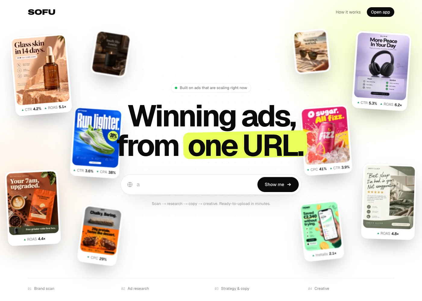 Floating ad examples surround the headline “Winning ads, from one URL” and a website address field with a Show me button.