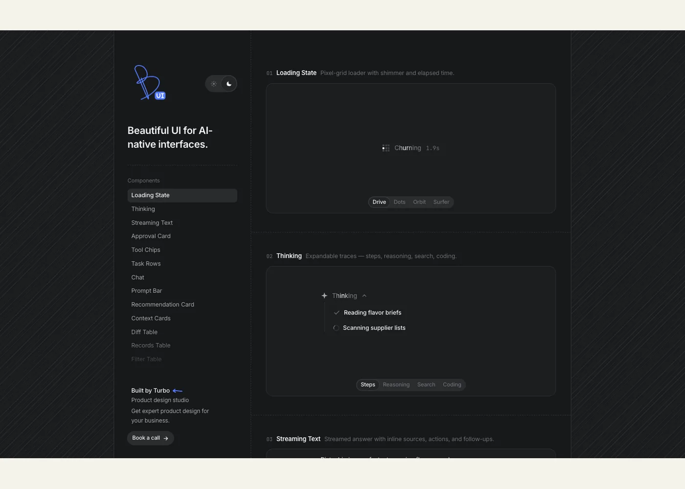Interactive gallery showing loading states and thinking traces beside a component menu.