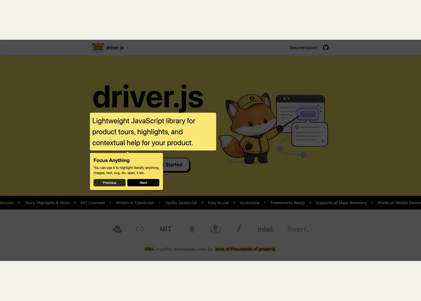 Driver.js demo highlighting a page element with a guided-tour popover and navigation buttons