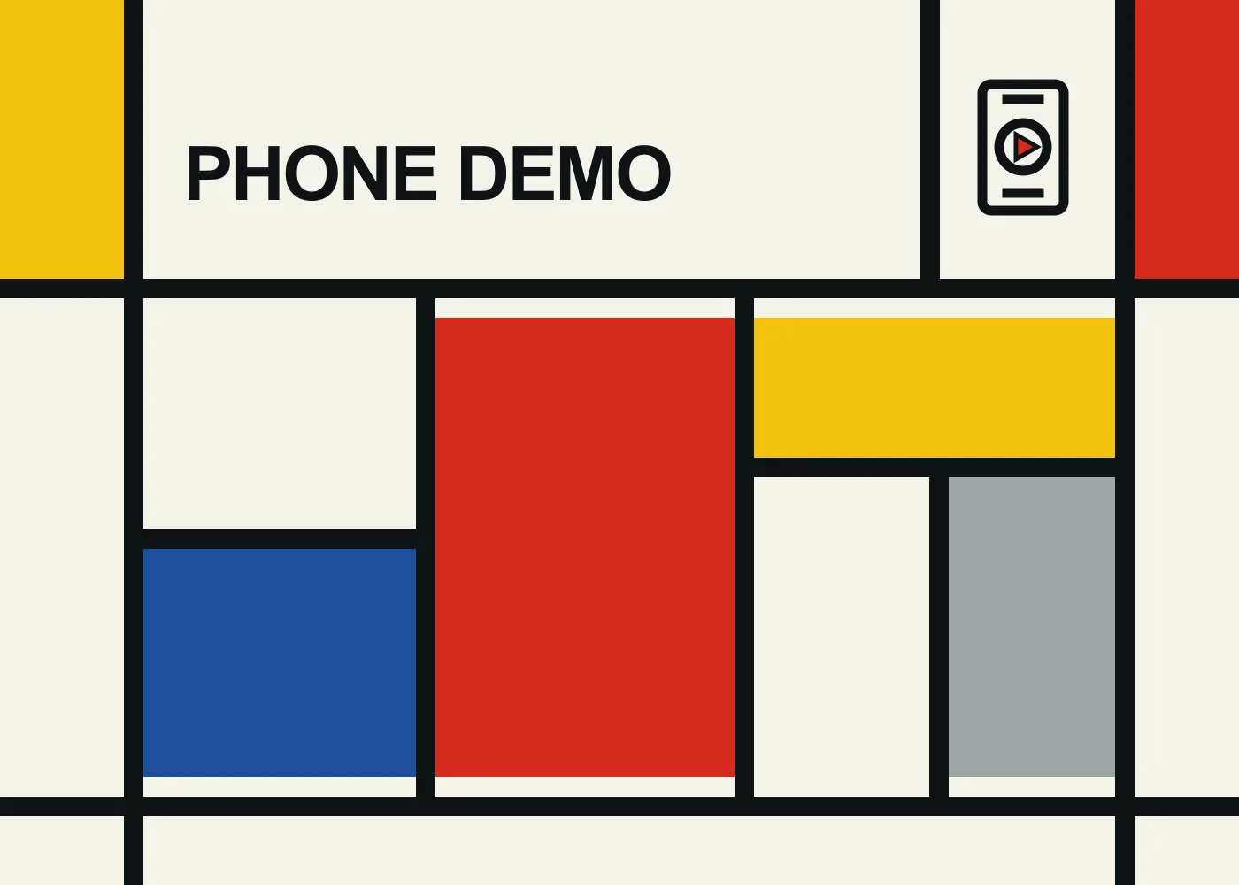 A phone with a play symbol above a tall red screen and blue and yellow blocks in a Mondrian grid.