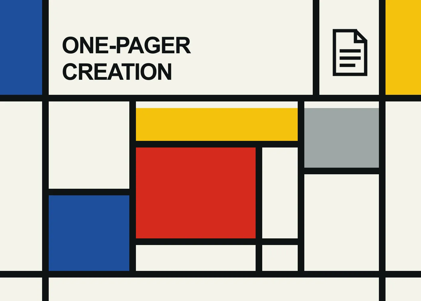 A document icon above a red page layout with a yellow header and blue side panel in a Mondrian grid.