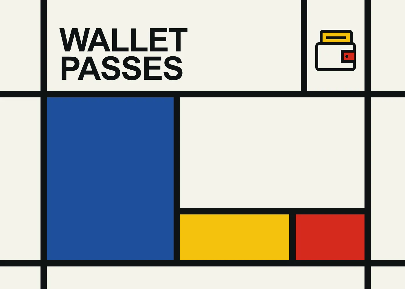 A wallet holding a yellow pass above blue, yellow and red blocks in a bold black geometric grid.