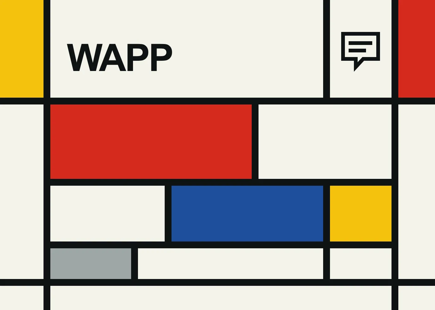 A chat bubble icon above red, blue and yellow message-like blocks in a Mondrian grid.